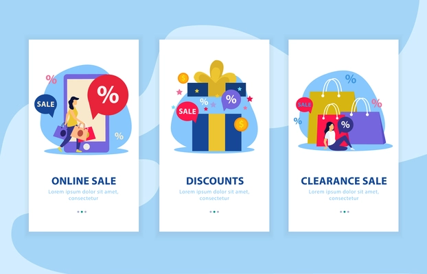 Great sale flat landing page with three elements or banner set with online and clearance sale discounts descriptions vector illustration