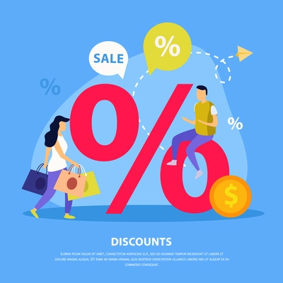 Great sale flat background with discounts headline and abstract elements man sit on percent symbol vector illustration