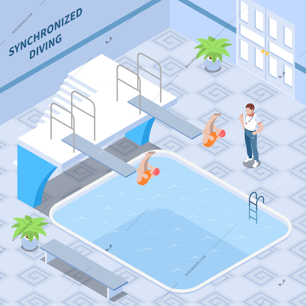 Trainer and girls athletes in red swim suits during synchronized diving workout isometric composition vector illustration