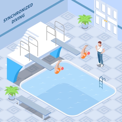 Trainer and girls athletes in red swim suits during synchronized diving workout isometric composition vector illustration