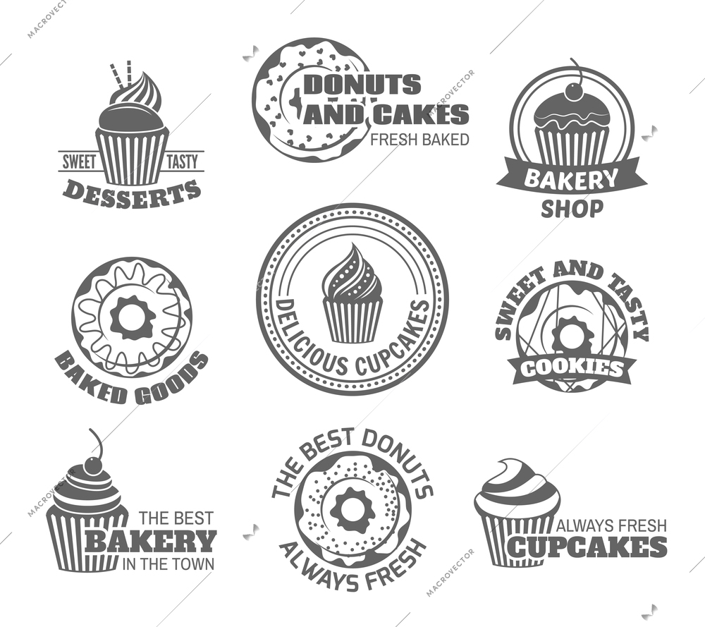 Food sweet  tasty desserts donut and cupcake labels set isolated vector illustration