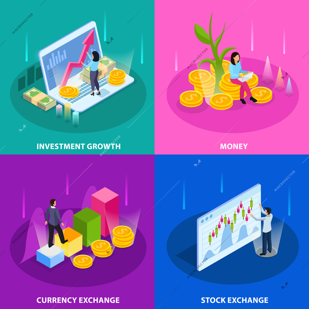 Stock exchange isometric icon set with investment growth money currency and stock exchange descriptions vector illustration