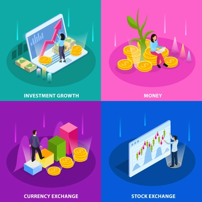 Stock exchange isometric icon set with investment growth money currency and stock exchange descriptions vector illustration