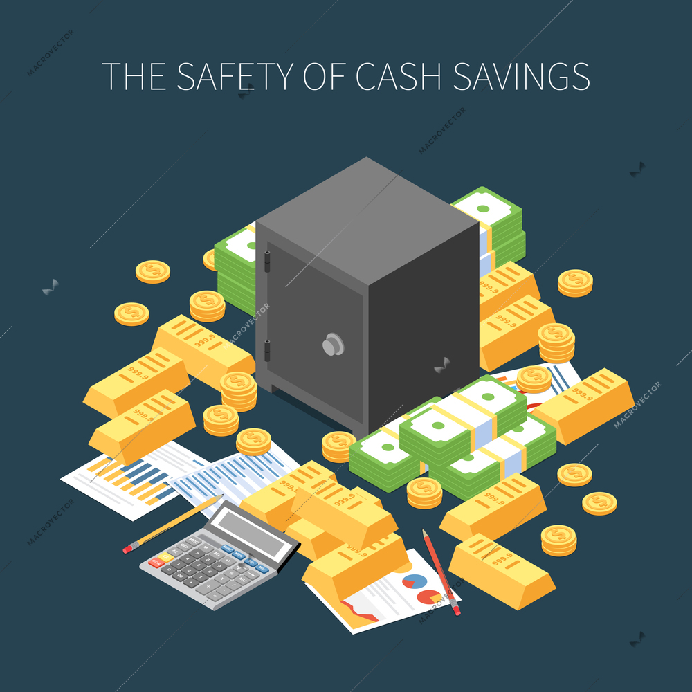 Wealth management safety of cash savings isometric composition on dark background vector illustration
