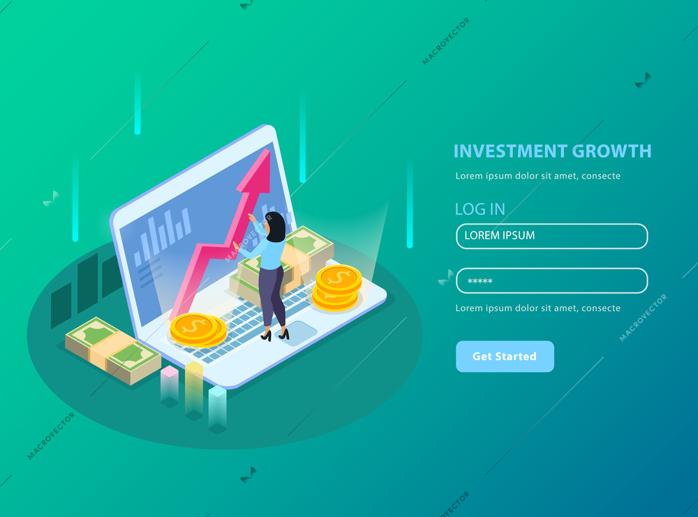 Stock exchange isometric and colored background with investment growth headline and registration form vector illustration