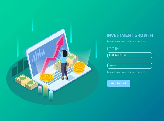 Stock exchange isometric and colored background with investment growth headline and registration form vector illustration