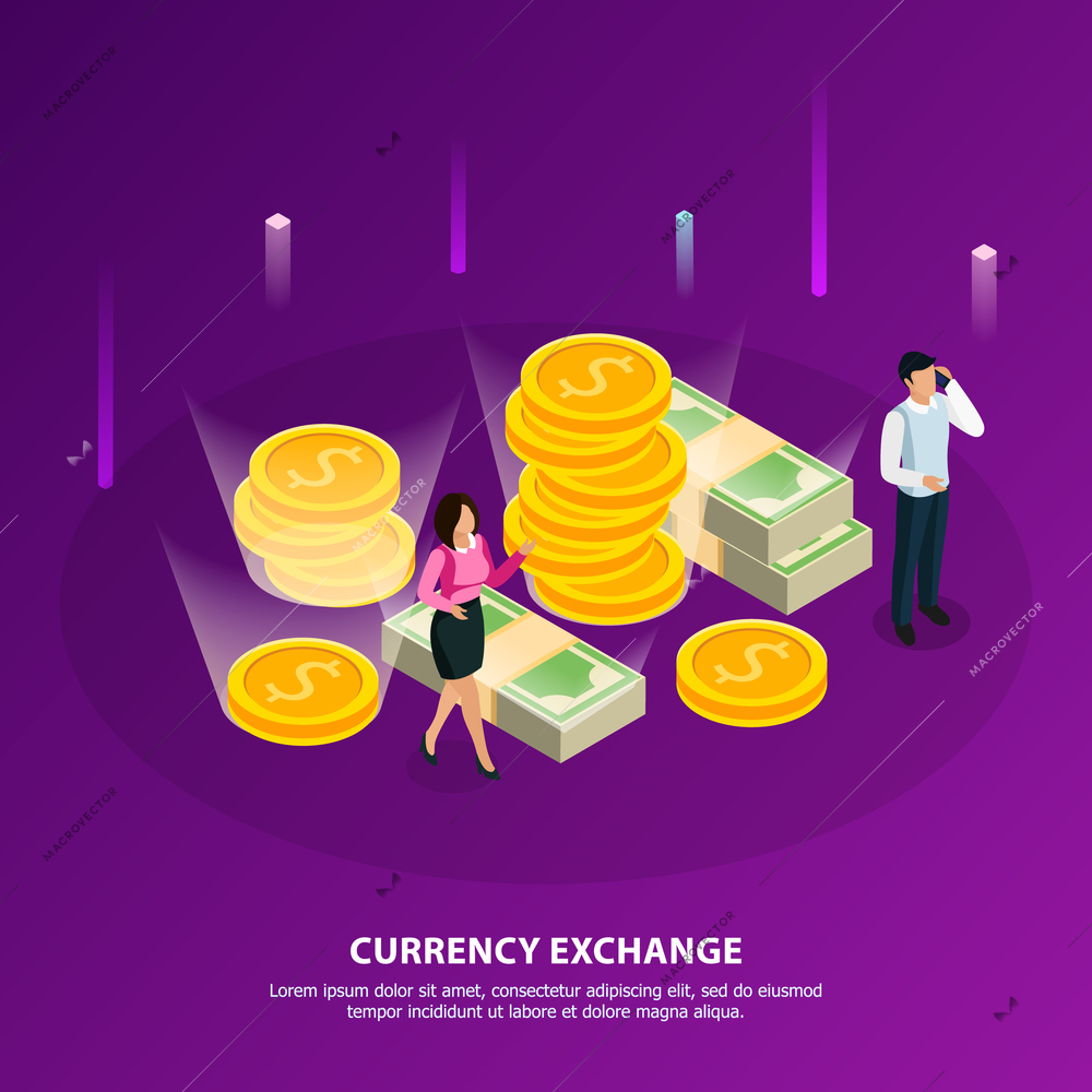 Stock exchange isometric banner with currency exchange headline and white collar make a money vector illustration