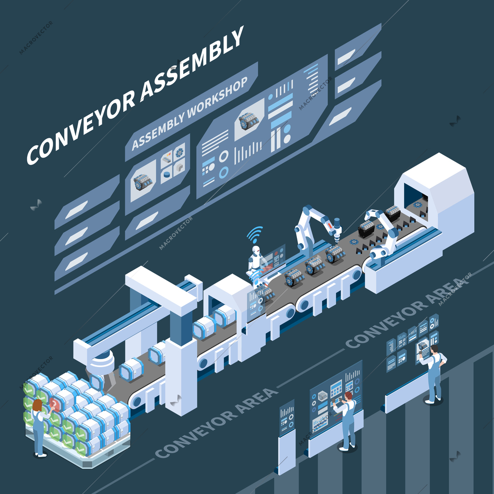 Intelligent manufacturing isometric composition with holographic control panel of assembly conveyor on dark background vector illustration