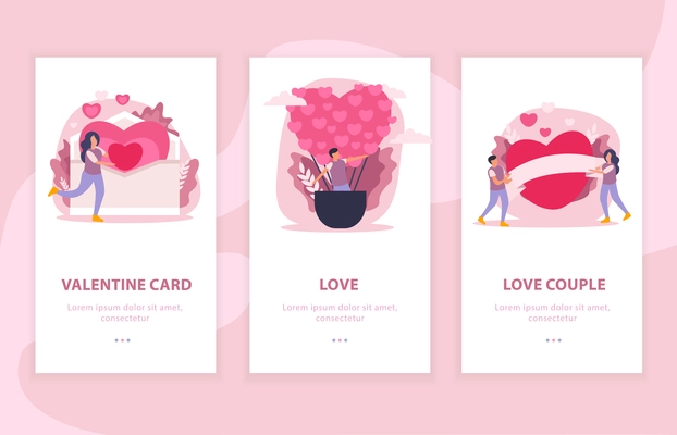 Love couple flat composition banner set with valentine card and love descriptions vector illustration