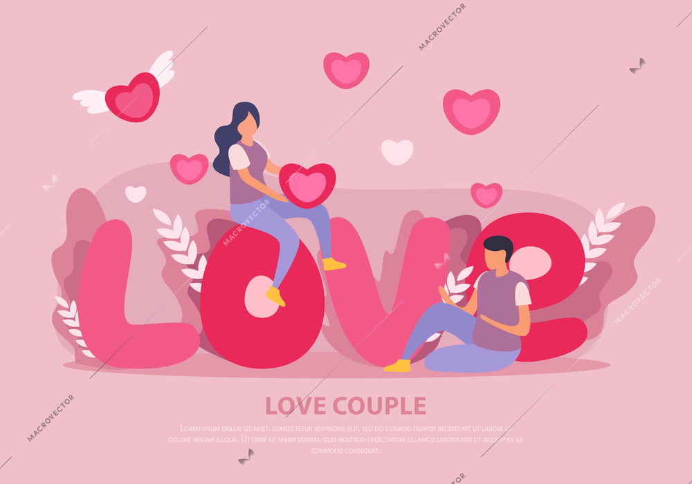 Love couple flat background with big pink headline with abstract elements and two people vector illustration