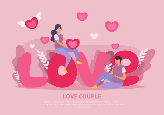 Love couple flat background with big pink headline with abstract elements and two people vector illustration