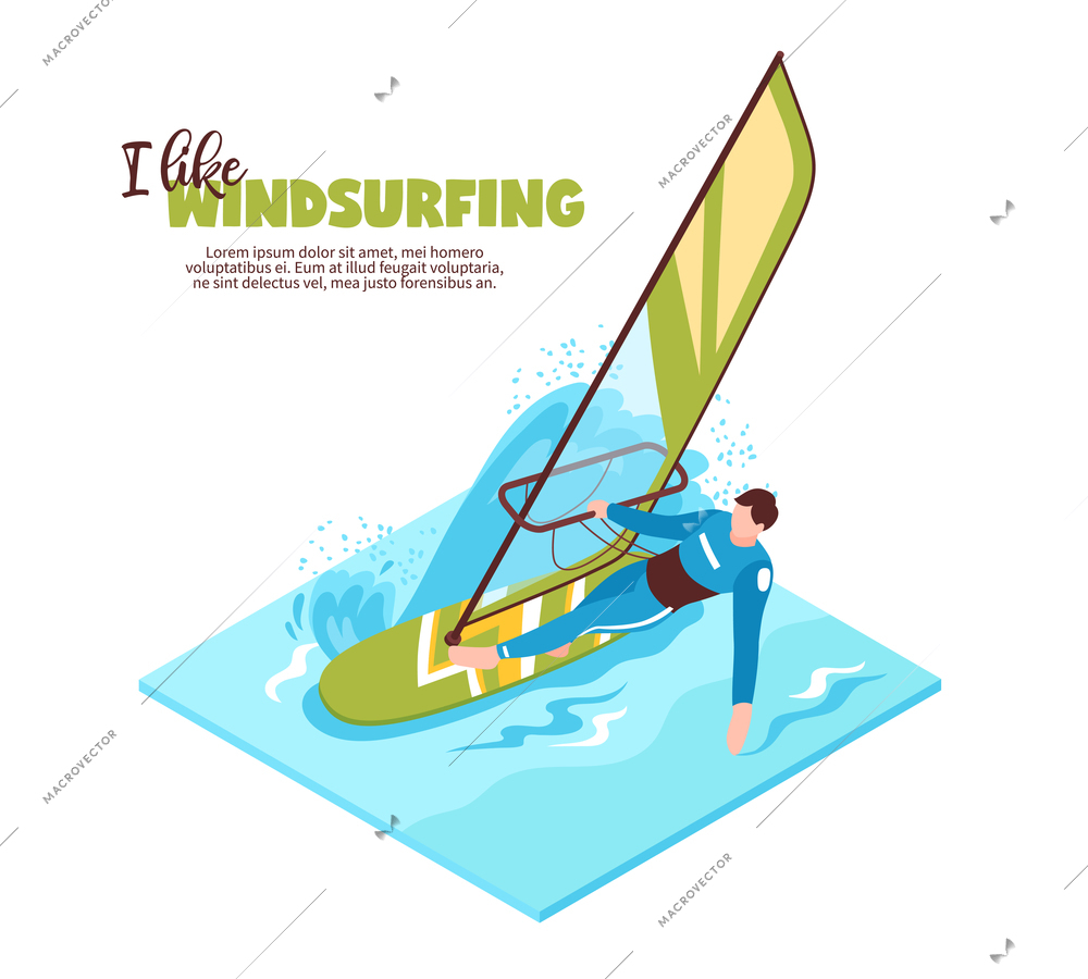 Water sport isometric design concept with windsurfer on board with sail and text i like windsurfing vector illustration