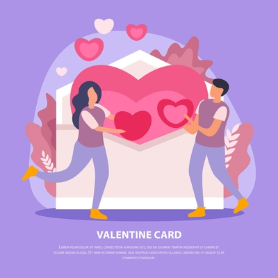 Love couple flat card with valentine card headline and two people in love vector illustration