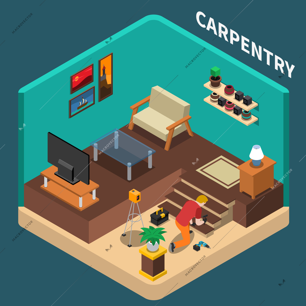 Worker people isometric composition with carpentry service worker character in living room domestic environment with text vector illustration