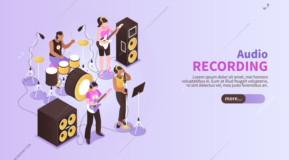 Audio recording horizontal banner with music band playing in recording studio room using musical instruments isometric vector illustration