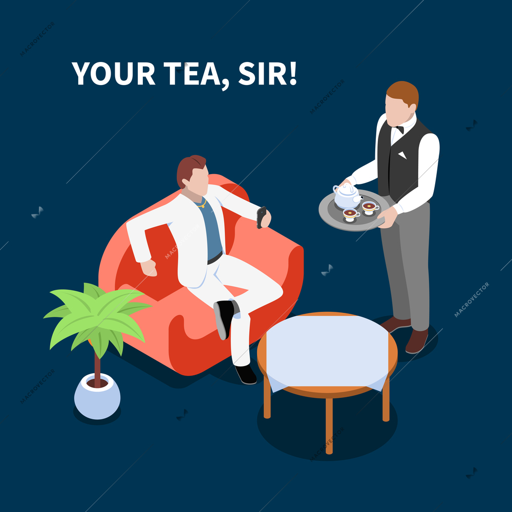 Home staff isometric people composition with domestic servant human character handing around tea with editable text vector illustration