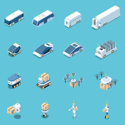 Autonomous car driverless vehicle robotic transport isometric icons collection of sixteen isolated images of carrier vehicles vector illustration