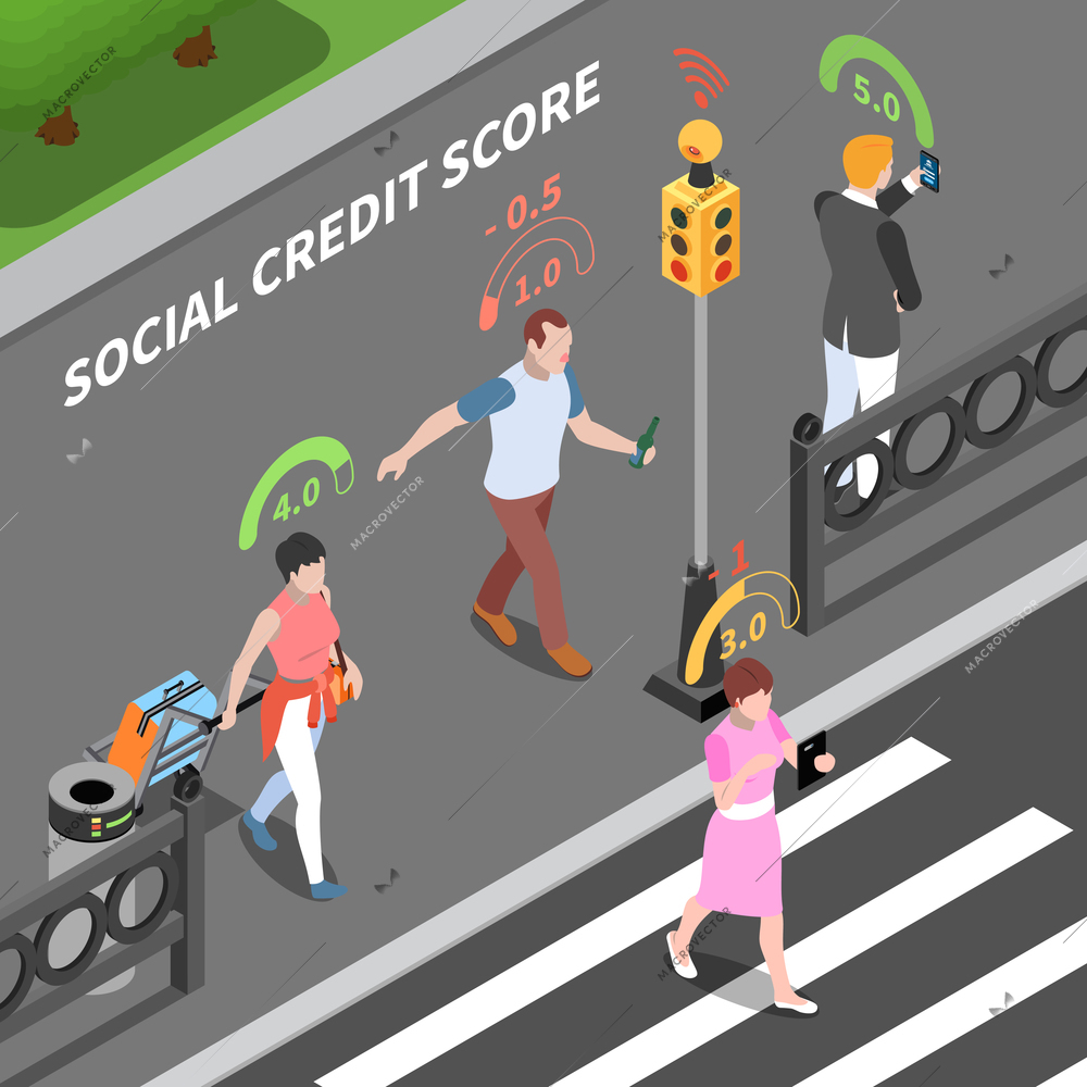 Social credit score system isometric composition with outdoor street scenery and people with digital rating pictograms vector illustration