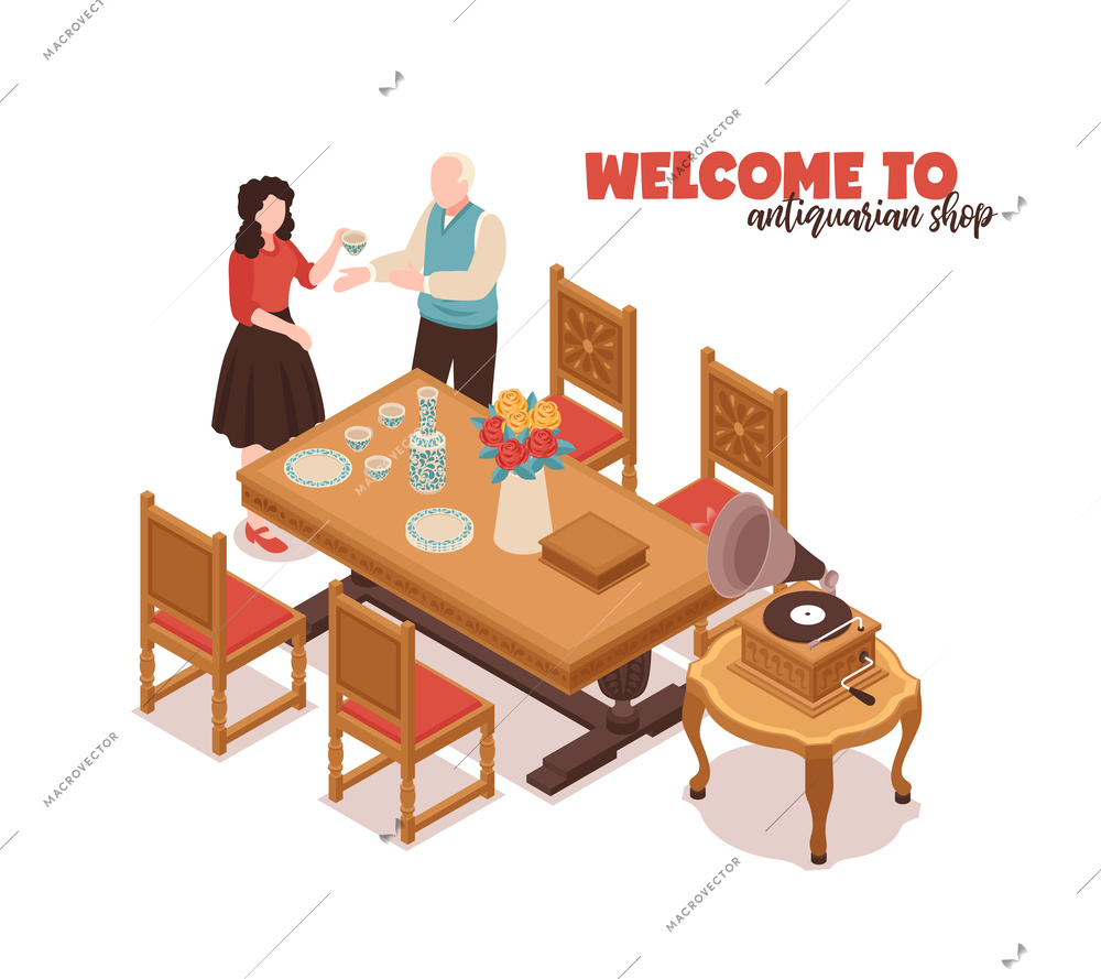 Welcome to antiquarian shop white background with buyer seller and antique home furnishings isometric vector illustration