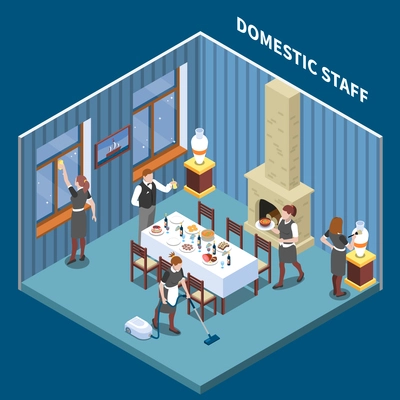 Home staff isometric composition with living room and human characters of household workers and domestic assistants vector illustration