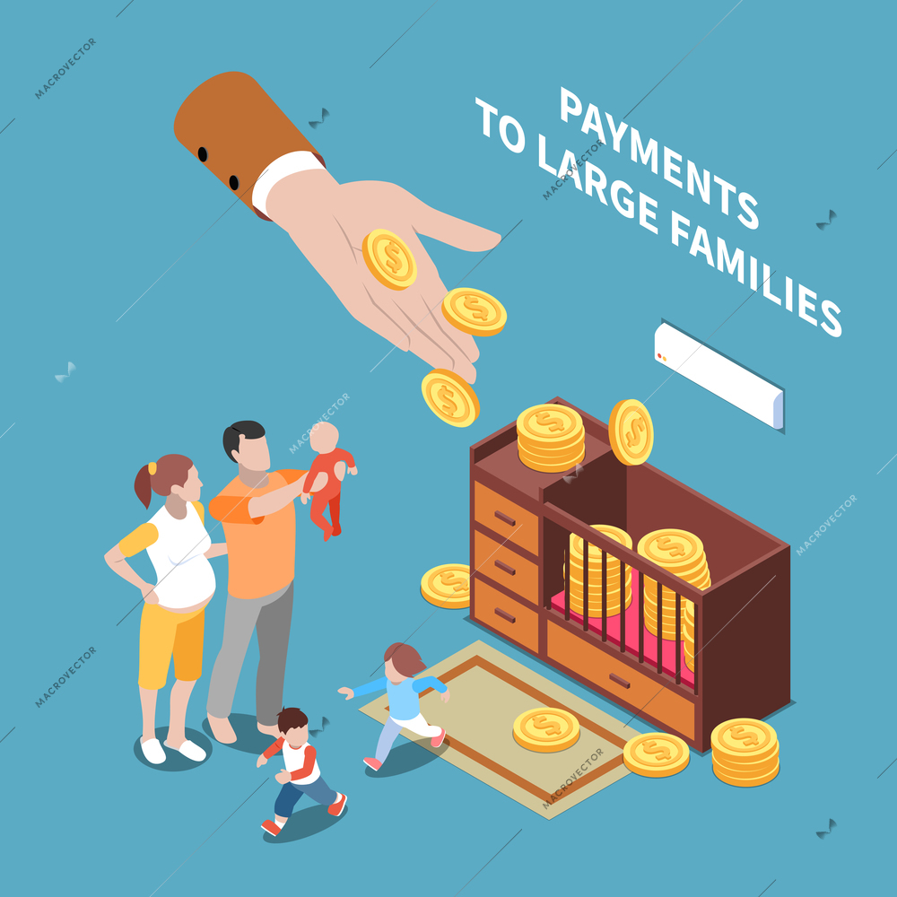 Social security unemployment benefits unconditional income isometric composition with human hand sharing coins with long family vector illustration