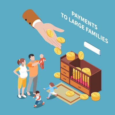 Social security unemployment benefits unconditional income isometric composition with human hand sharing coins with long family vector illustration