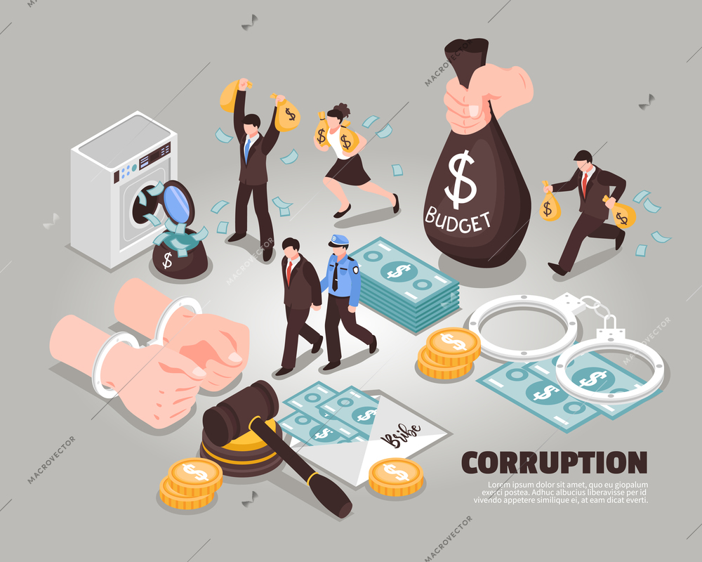 Corruption isometric vector illustration  Included icons symbolizing laundering bribery embezzlement corrupt judge corrupt politician