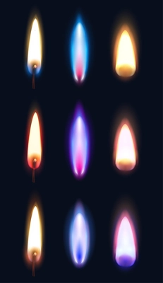 Realistic flames of various shape and color of matches lighters and candles dark background isolated vector illustration