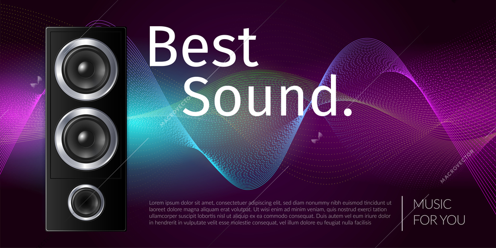 Realistic speaker in black box sound equipment on color wavy background vector illustration