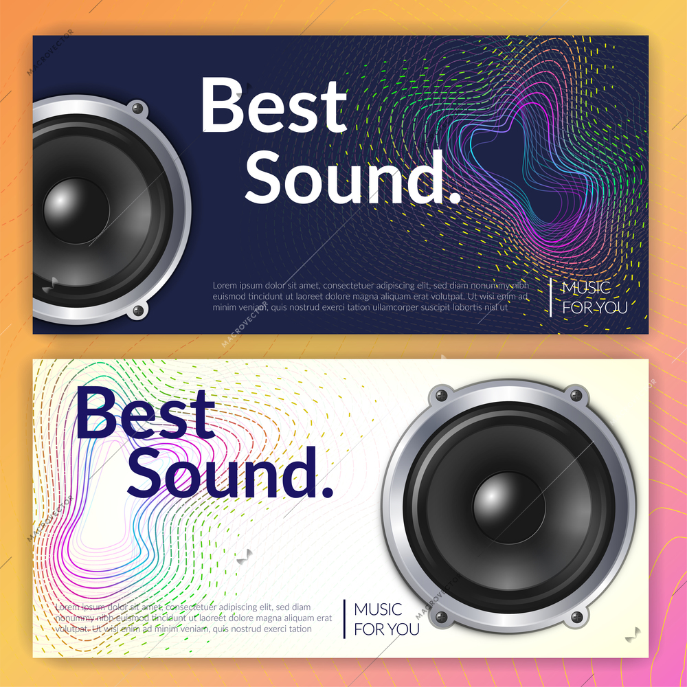 Realistic audio system set of horizontal banners on light and dark background isolated vector illustration