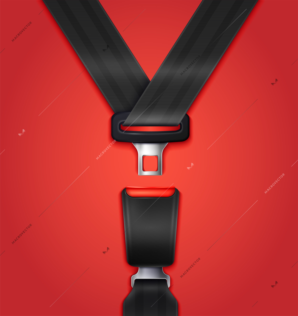 Realistic unblocked passenger seat belt with fastener and black strap on red background vector illustration