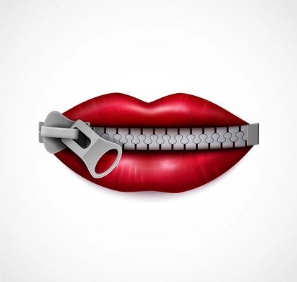 Zipped mouth closeup realistic symbolic image of red glossy lips sealed with metal zip fastener vector illustration