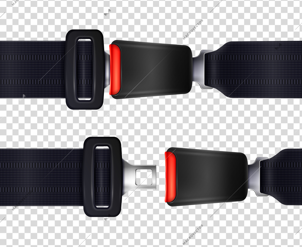 Set of realistic seat belts with metal fastener and black textured strap on transparent background vector illustration