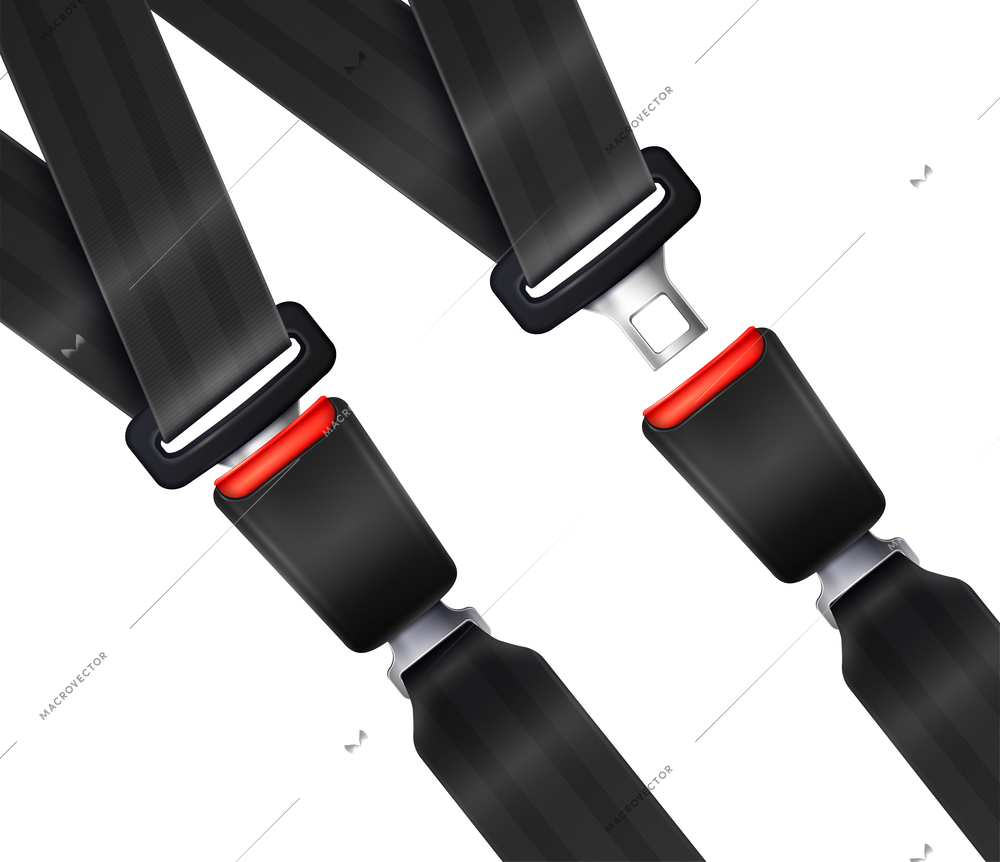 Set of realistic transportation seat belts with textured black strap on white background vector illustration