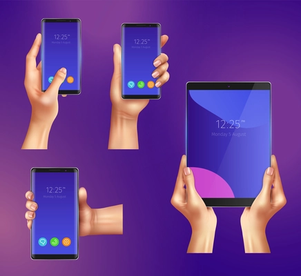 Set of realistic gadgets smart phones and tablet in female hands isolated on purple background vector illustration