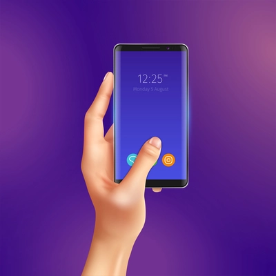 Realistic smart phone with communication icons on screen in hand on purple background vector illustration