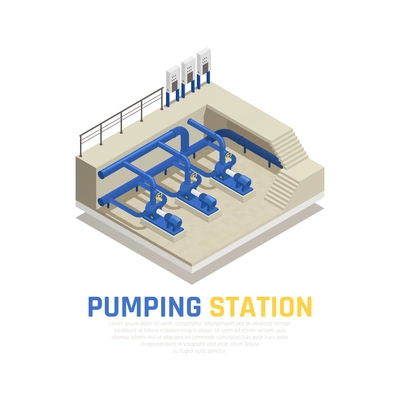 Pumping station concept with water cleaning symbols isometric vector illustration