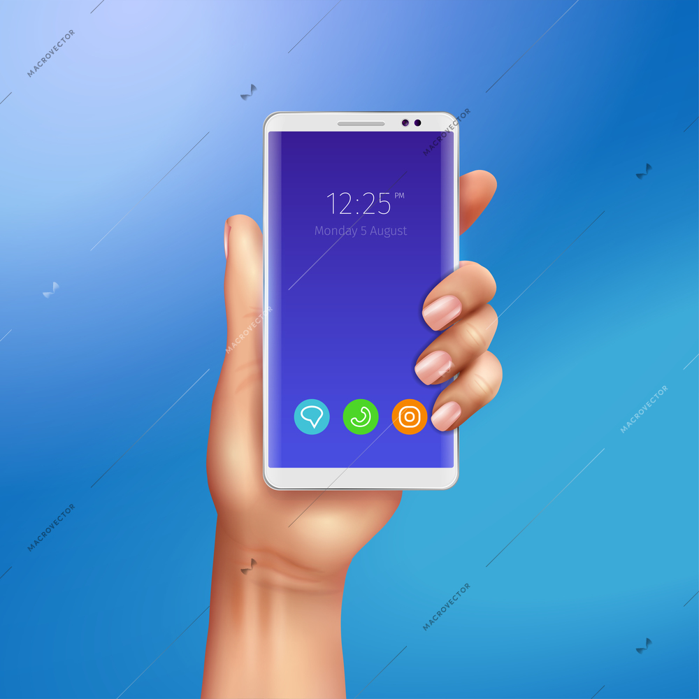 White smart phone in female hand on gradient blue background realistic vector illustration