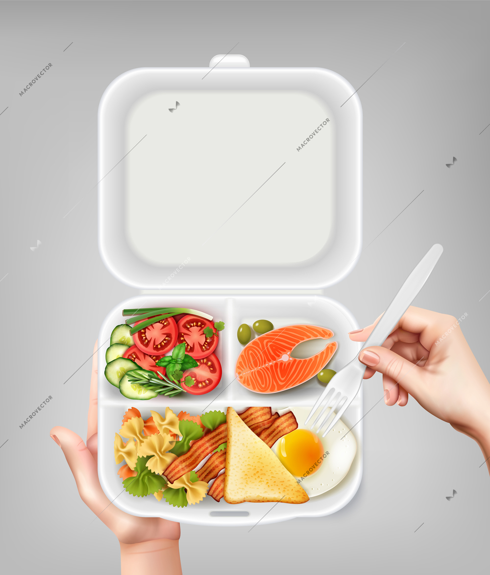 Opened disposable plastic lunchbox with salmon salad bacon egg and hand holding fork realistic composition vector illustration