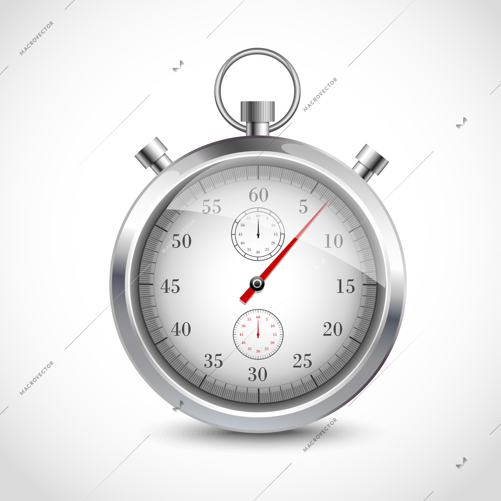 Realistic metallic stopwatch sport chronometer isolated on white background vector illustration.