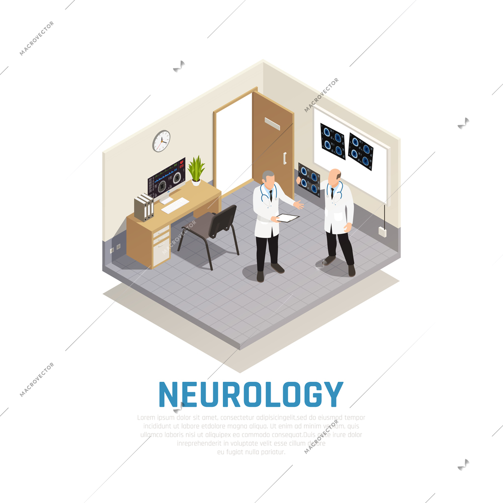 Neurology and neural research isometric composition with healthcare symbols vector illustration