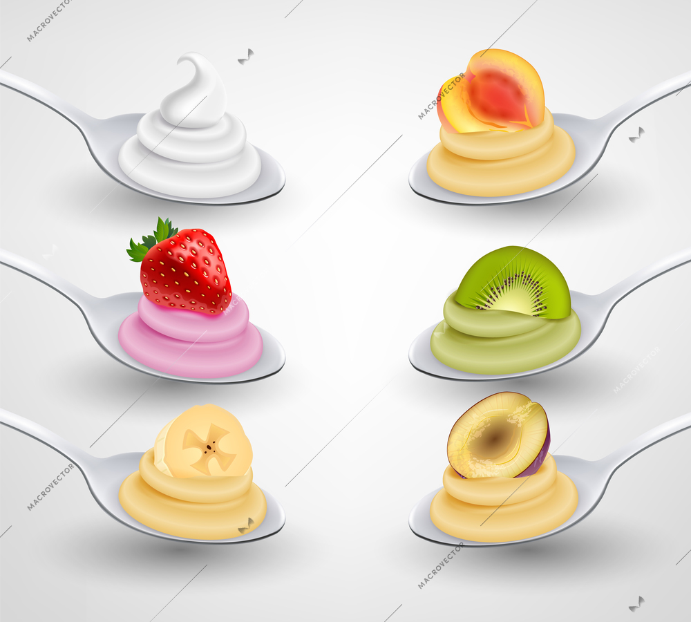 Mini desserts served on spoon appetizing realistic set with strawberry banana kiwi apricot flavored cream vector illustration