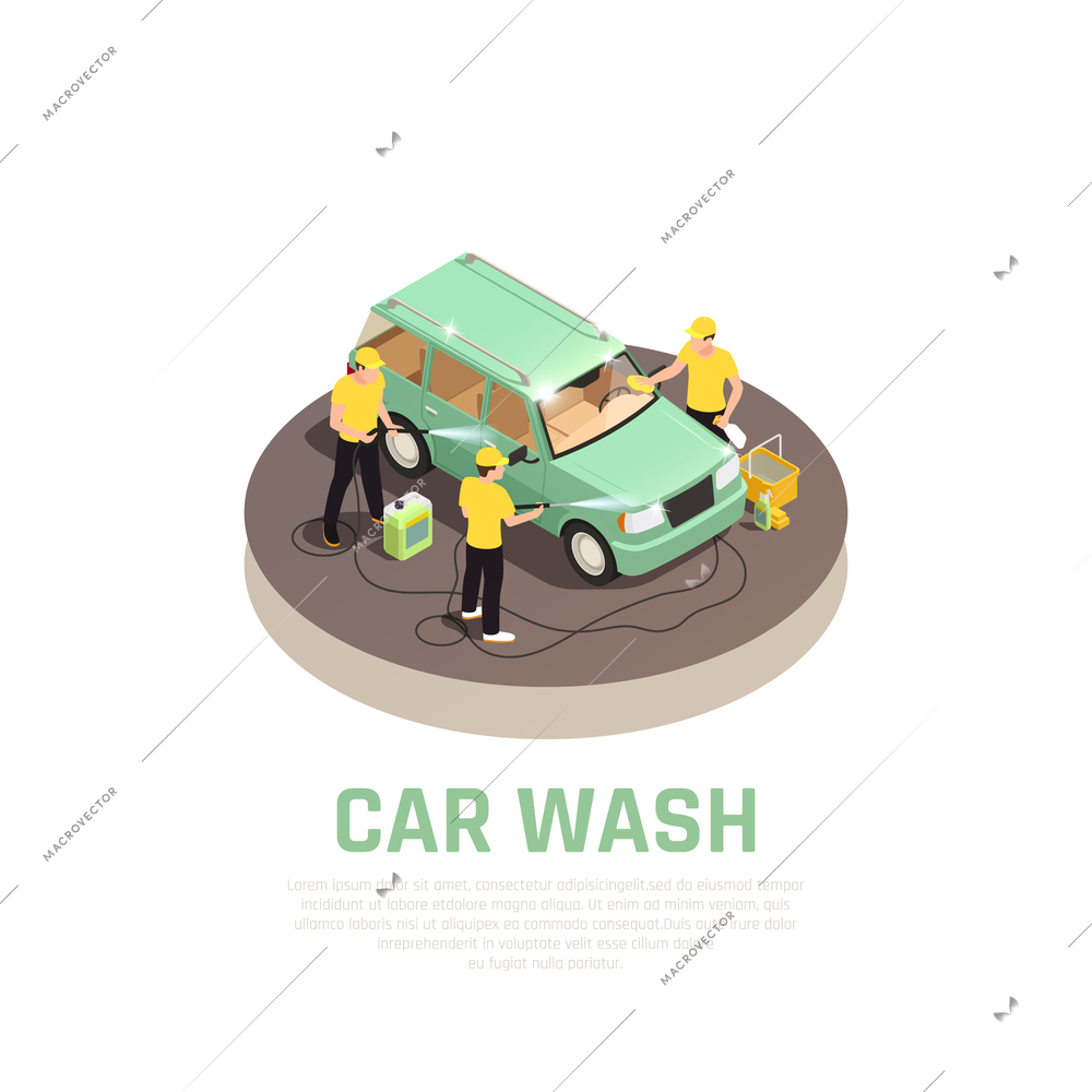 Carwash isometric consept with car wash service symbols vector illustration