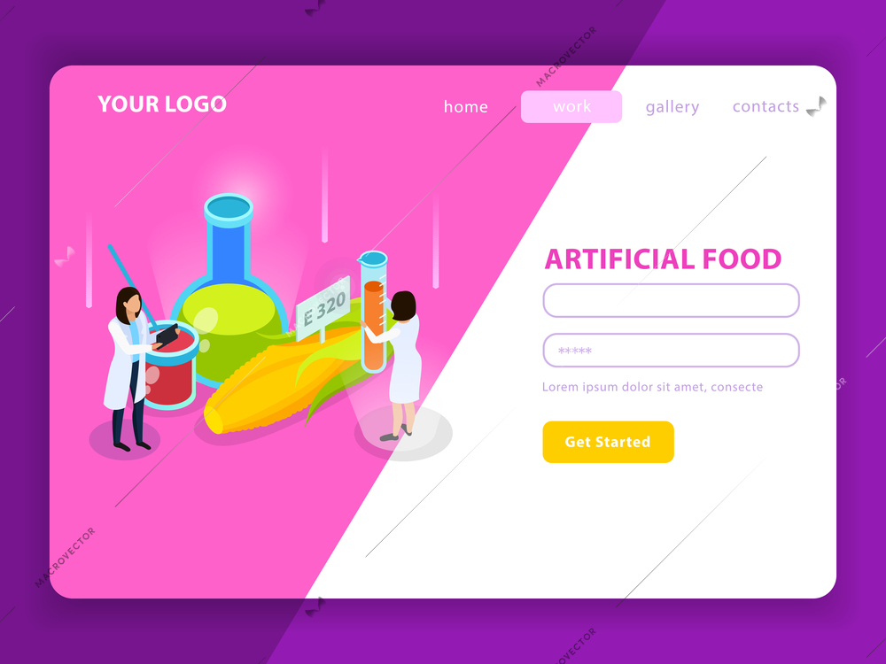 Artificial food with synthetic additives isometric web page with user account on white pink background vector illustration