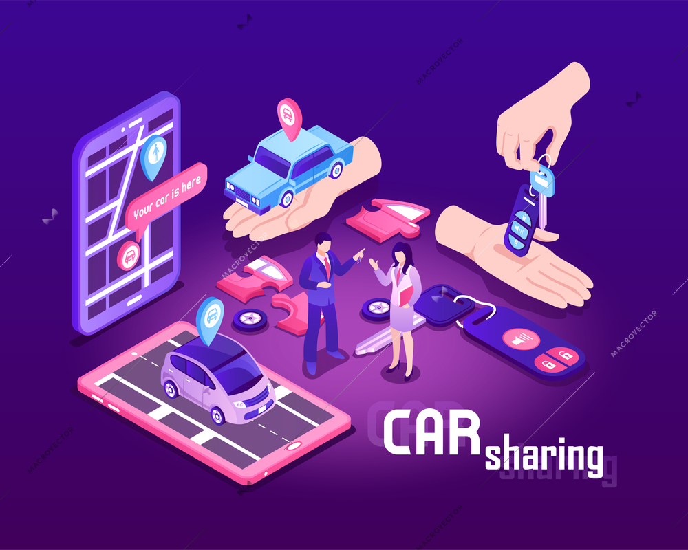 Isometric car sharing composition with conceptual images of touch screen devices cars people and location signs vector illustration