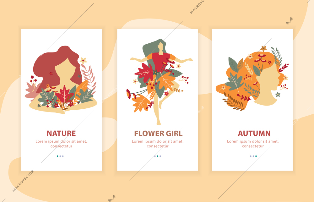Beauty of autumn girls with floral decorations flat landing compositions for mobile apps isolated vector illustration
