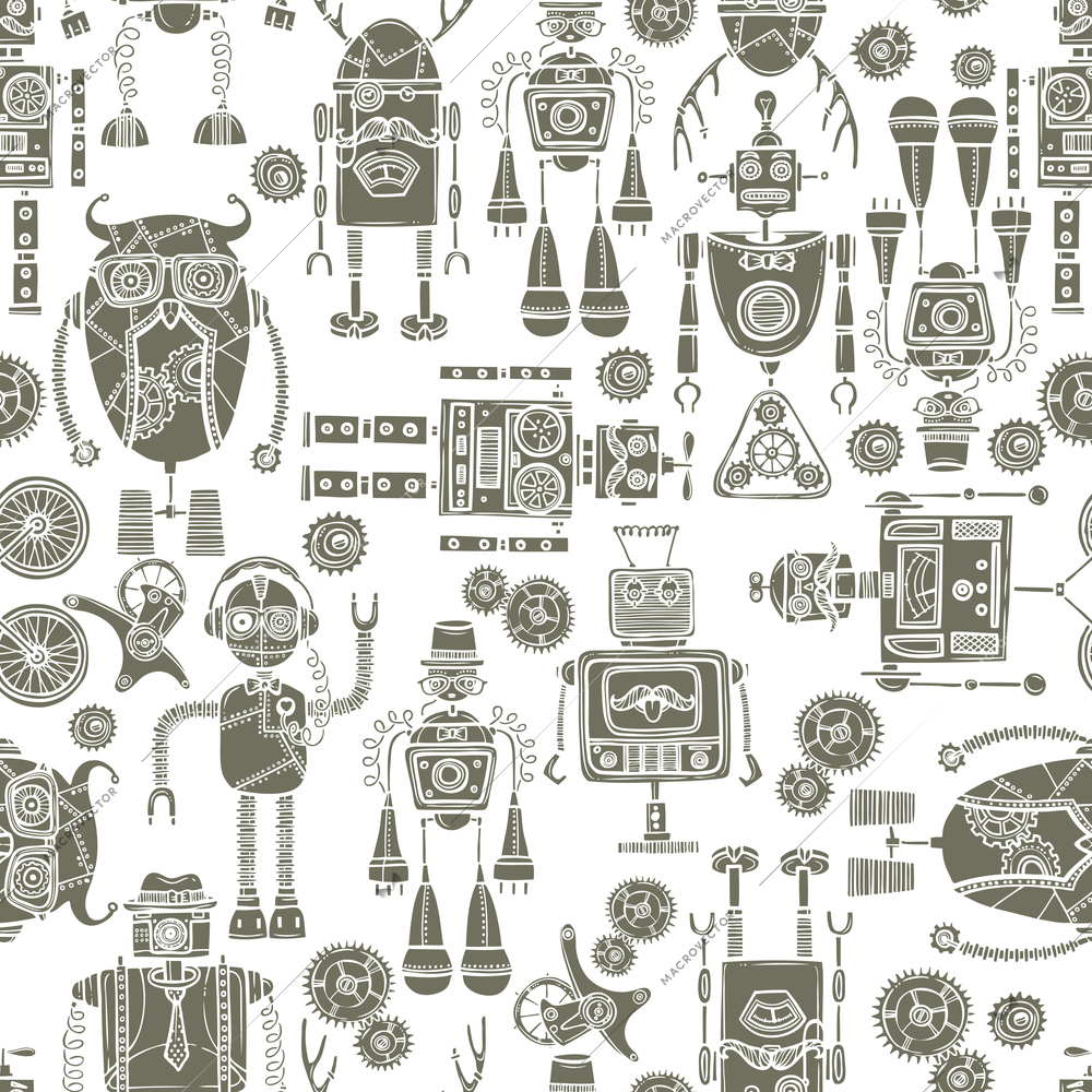 Hipster robot retro humanoid machinery black and white seamless pattern vector illustration.