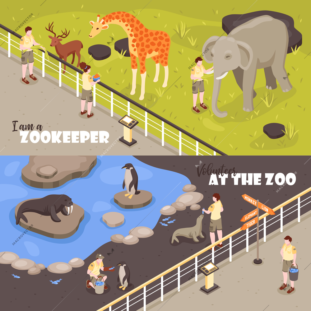 Set of two isometric zoo workers horizontal banners with view of enclosures with animals and text vector illustration