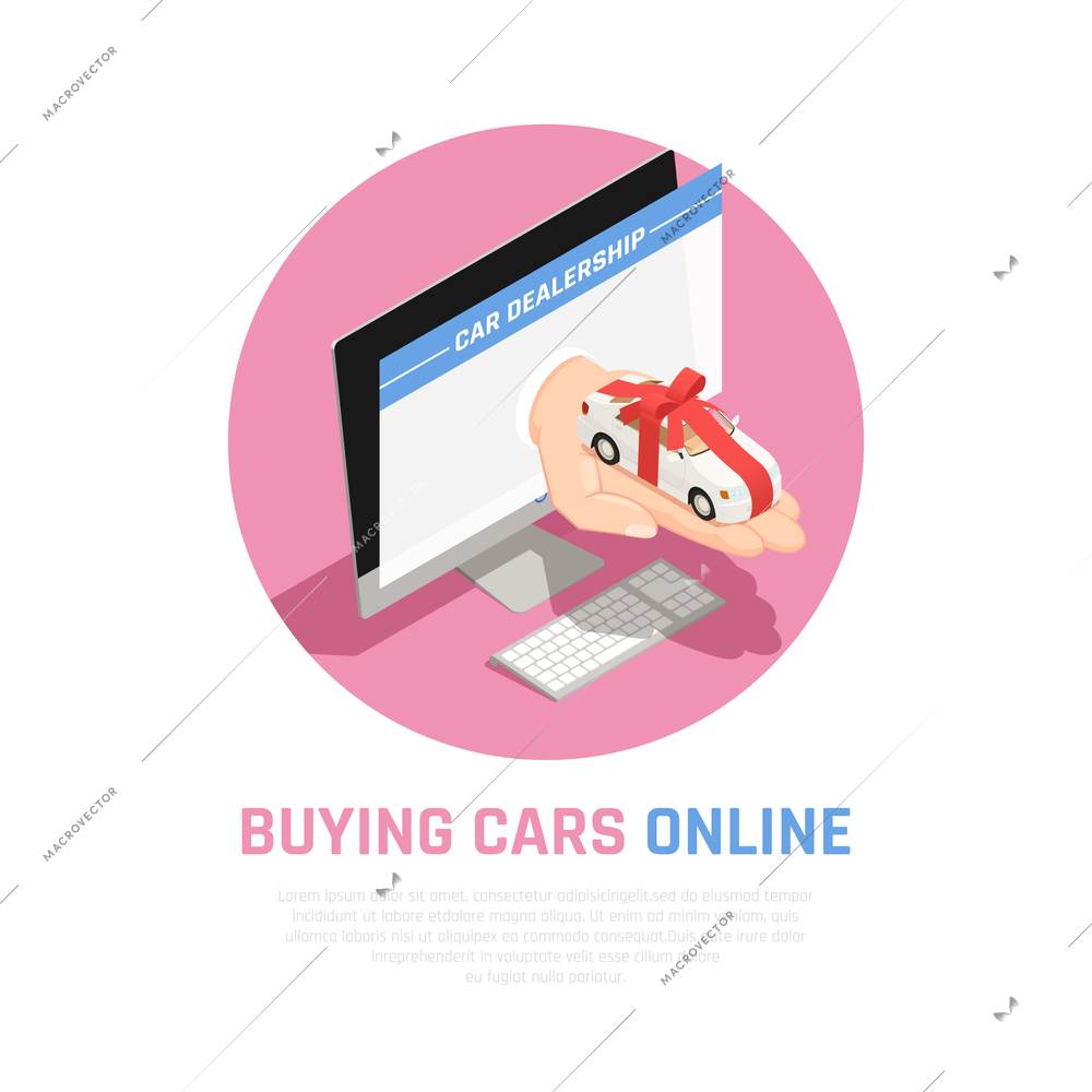 Car dealership concept with buying cars online symbols isometric vector illustration