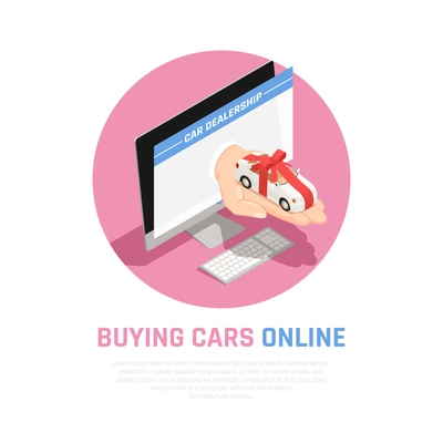 Car dealership concept with buying cars online symbols isometric vector illustration